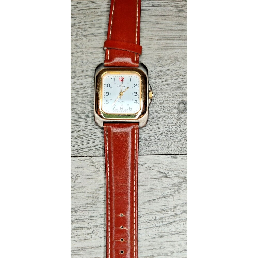 Vintage Vogue Quartz Watch Square Two Tone Case Japan Movt Brown Leather Strap